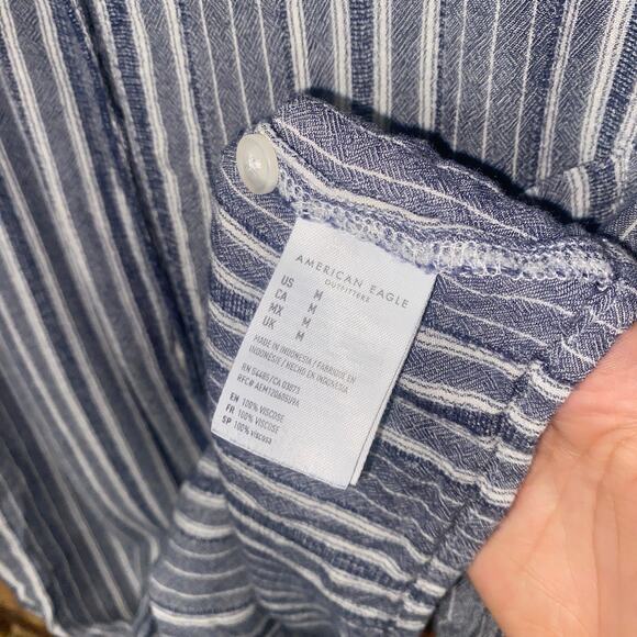 American Eagle Blue White Striped Tie Waist Long Sleeve Button Up Top Medium - Picture 5 of 6